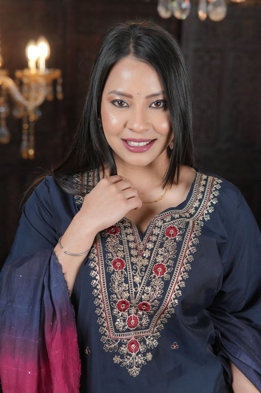 Tantikaa Navy Embroided Roman Silk Kurta Set with Ombre Dupatta