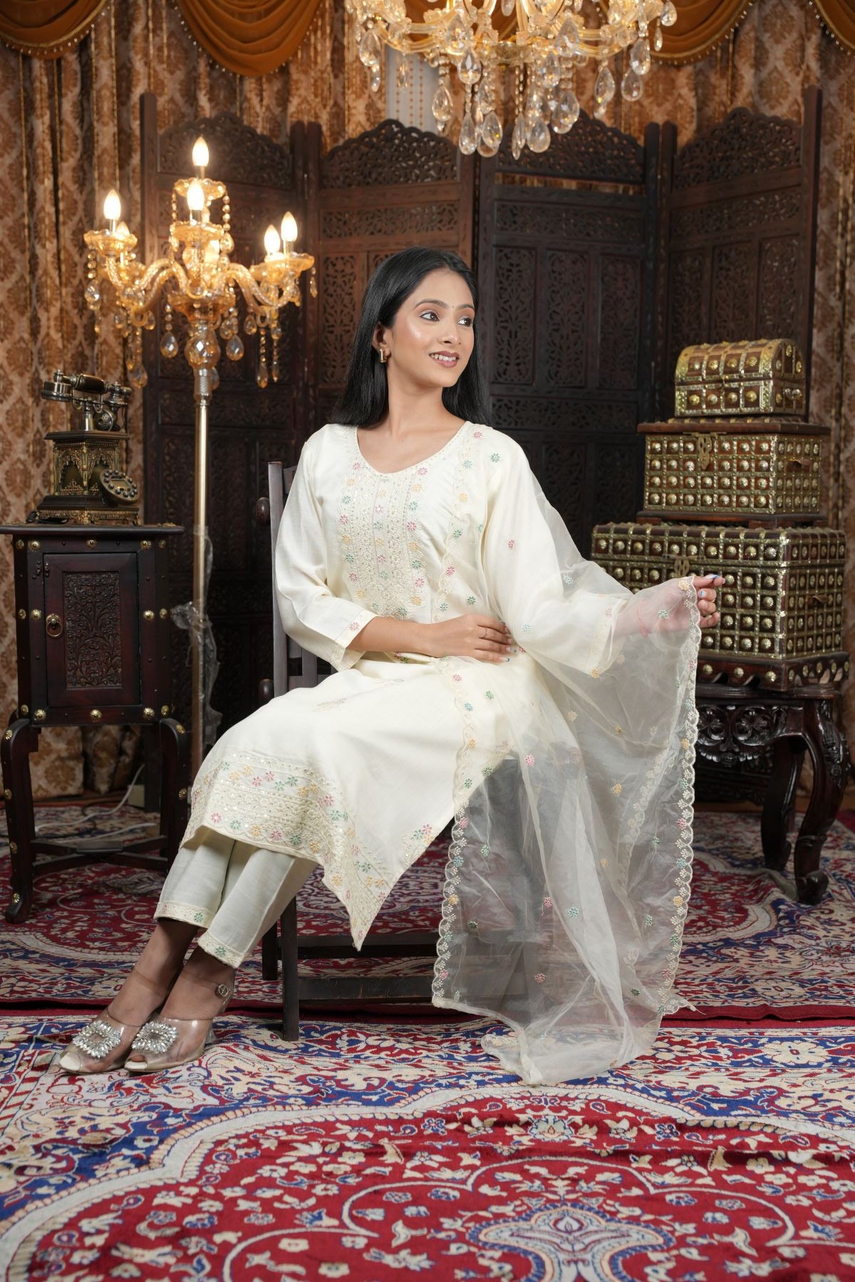 Tantikaa Ivory Embroided Roman Silk Kurta set with Organza Dupatta