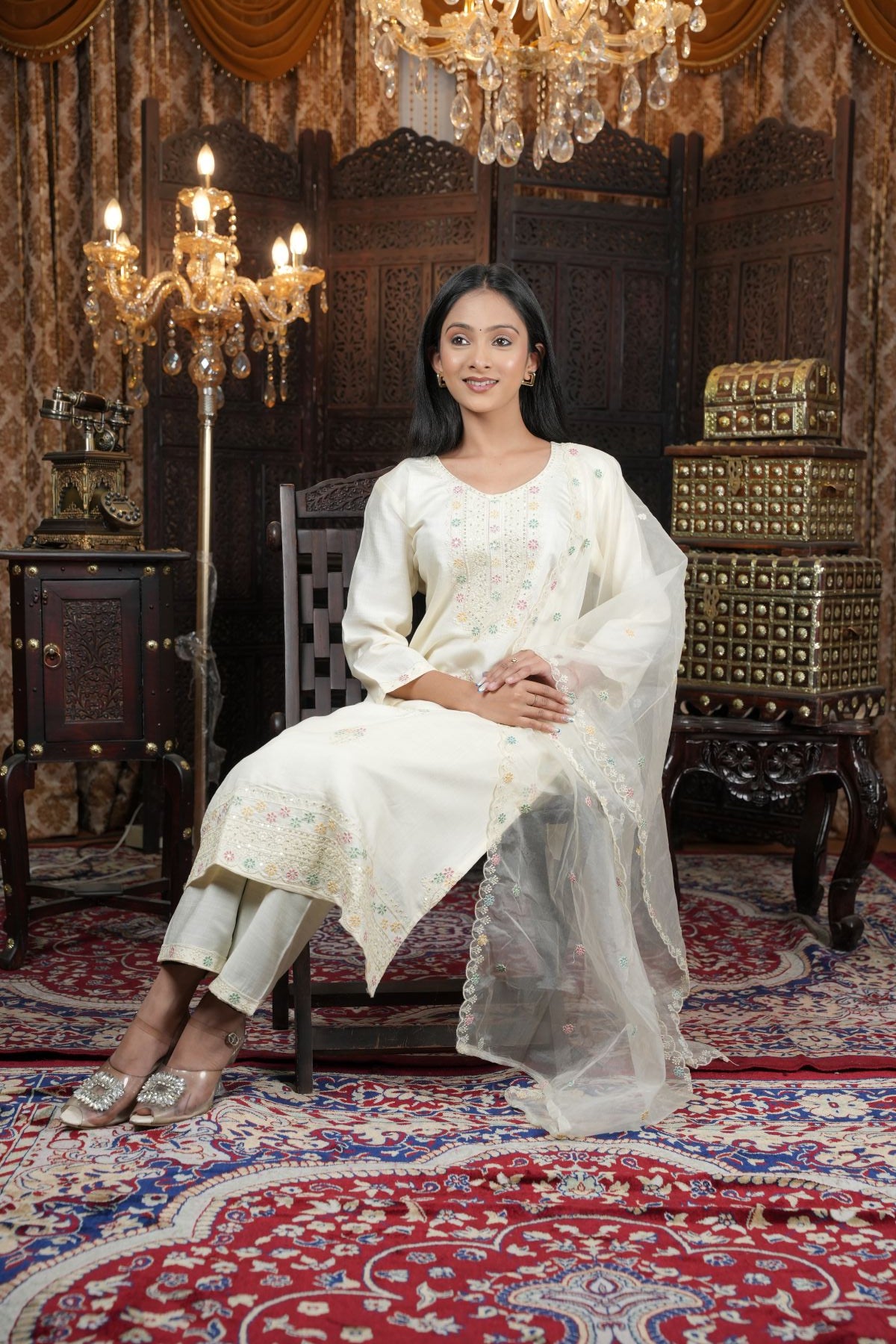 Tantikaa Ivory Embroided Roman Silk Kurta set with Organza Dupatta