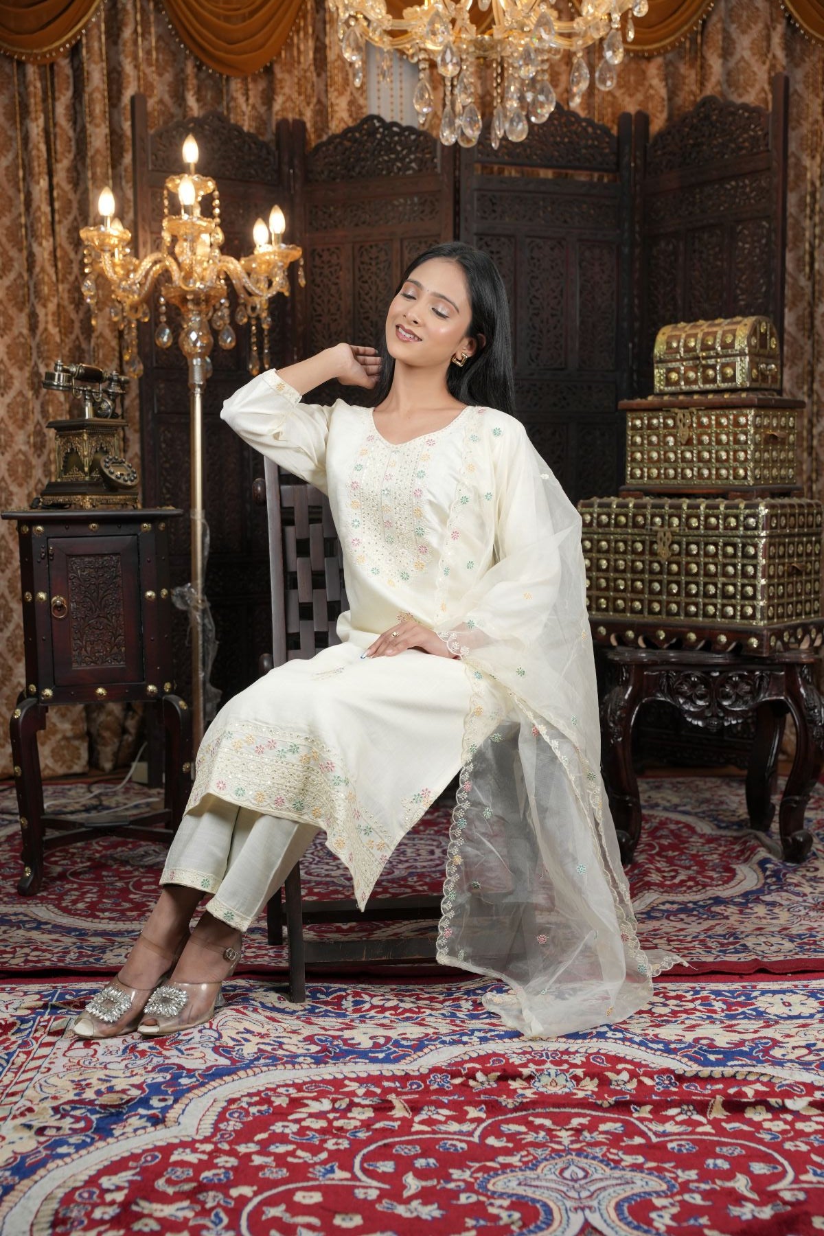 Tantikaa Ivory Embroided Roman Silk Kurta set with Organza Dupatta