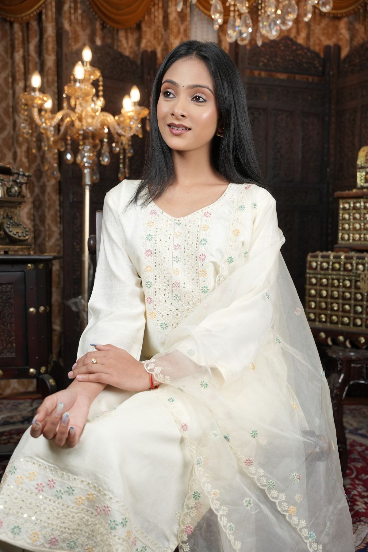 Tantikaa Ivory Embroided Roman Silk Kurta set with Organza Dupatta