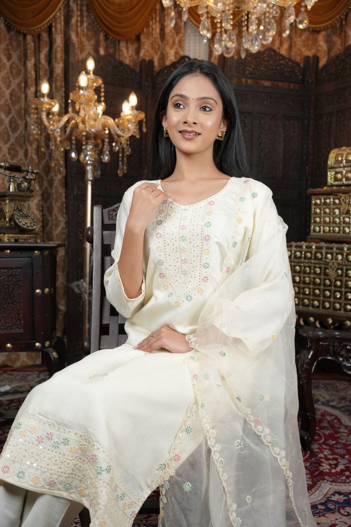 Tantikaa Ivory Embroided Roman Silk Kurta set with Organza Dupatta