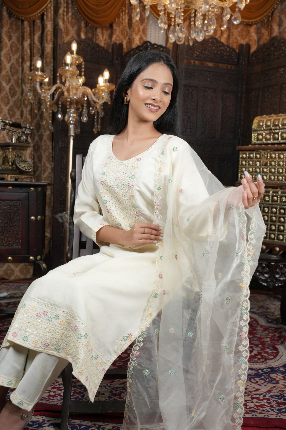 Tantikaa Ivory Embroided Roman Silk Kurta set with Organza Dupatta