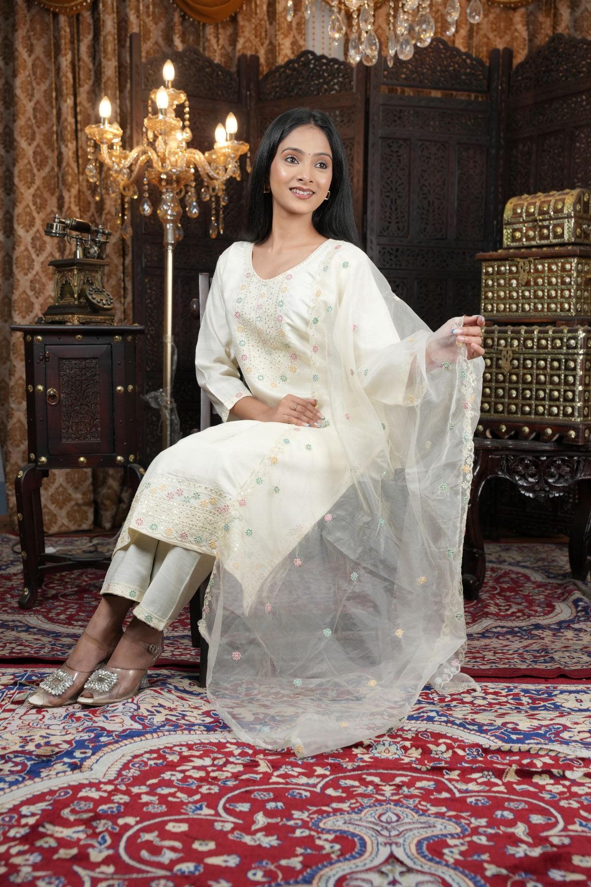 Tantikaa Ivory Embroided Roman Silk Kurta set with Organza Dupatta
