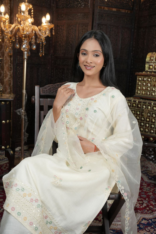 Tantikaa Ivory Embroided Roman Silk Kurta set with Organza Dupatta