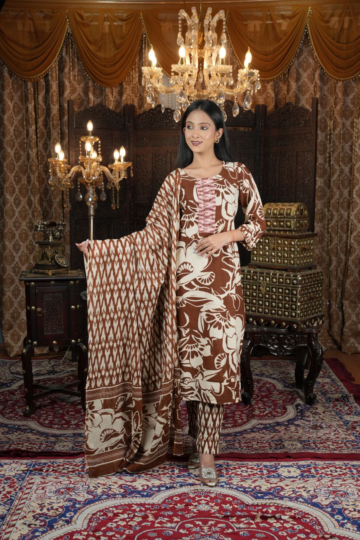 Ivory Bloom Khadi Hand Painted Kurta Set with Overlay Jacket