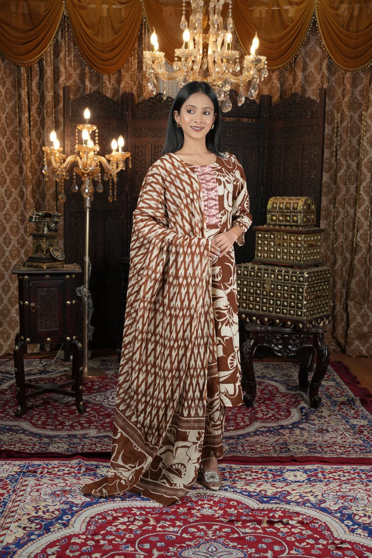 Ivory Bloom Khadi Hand Painted Kurta Set with Overlay Jacket