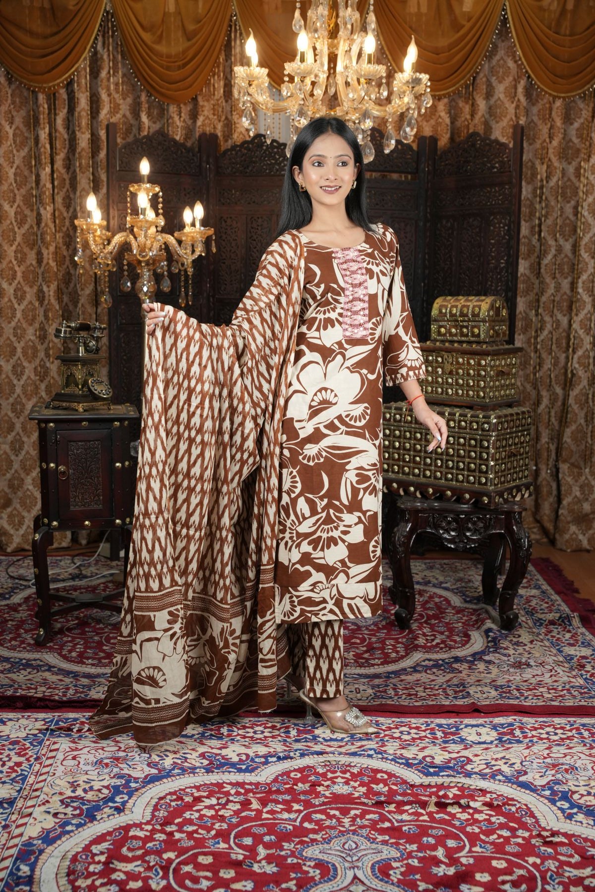 Ivory Bloom Khadi Hand Painted Kurta Set with Overlay Jacket