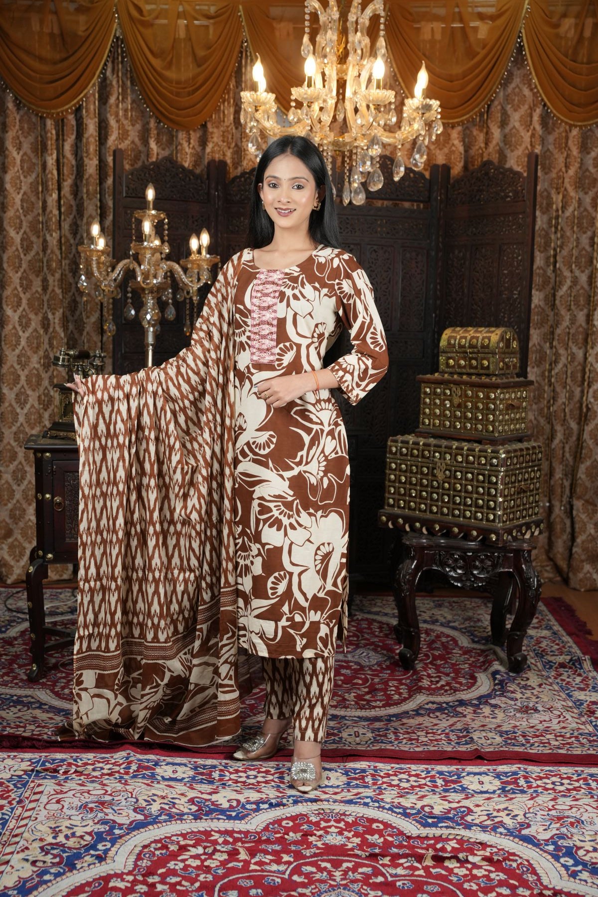 Ivory Bloom Khadi Hand Painted Kurta Set with Overlay Jacket