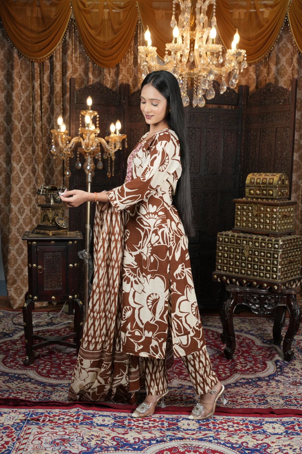 Ivory Bloom Khadi Hand Painted Kurta Set with Overlay Jacket