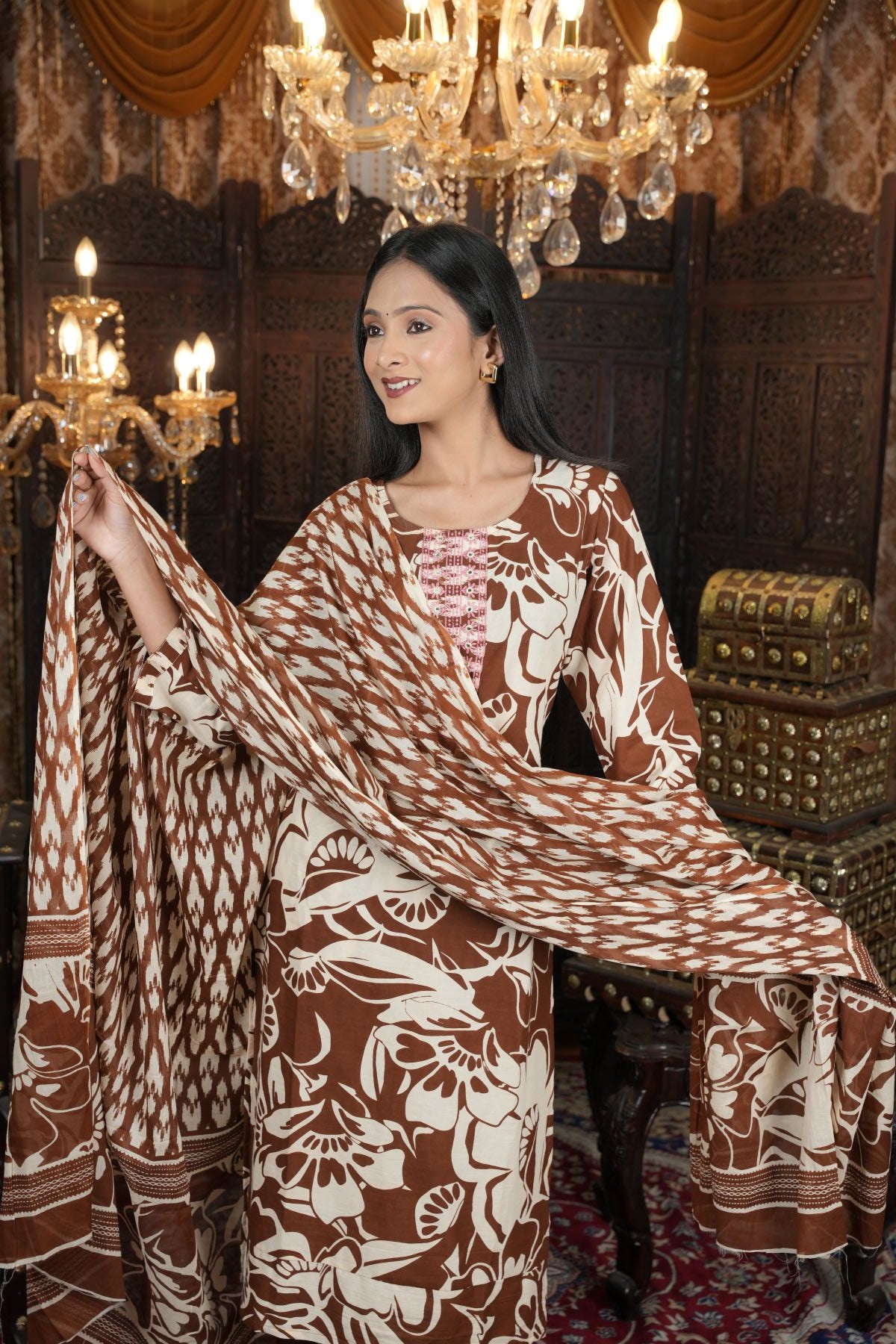 Ivory Bloom Khadi Hand Painted Kurta Set with Overlay Jacket