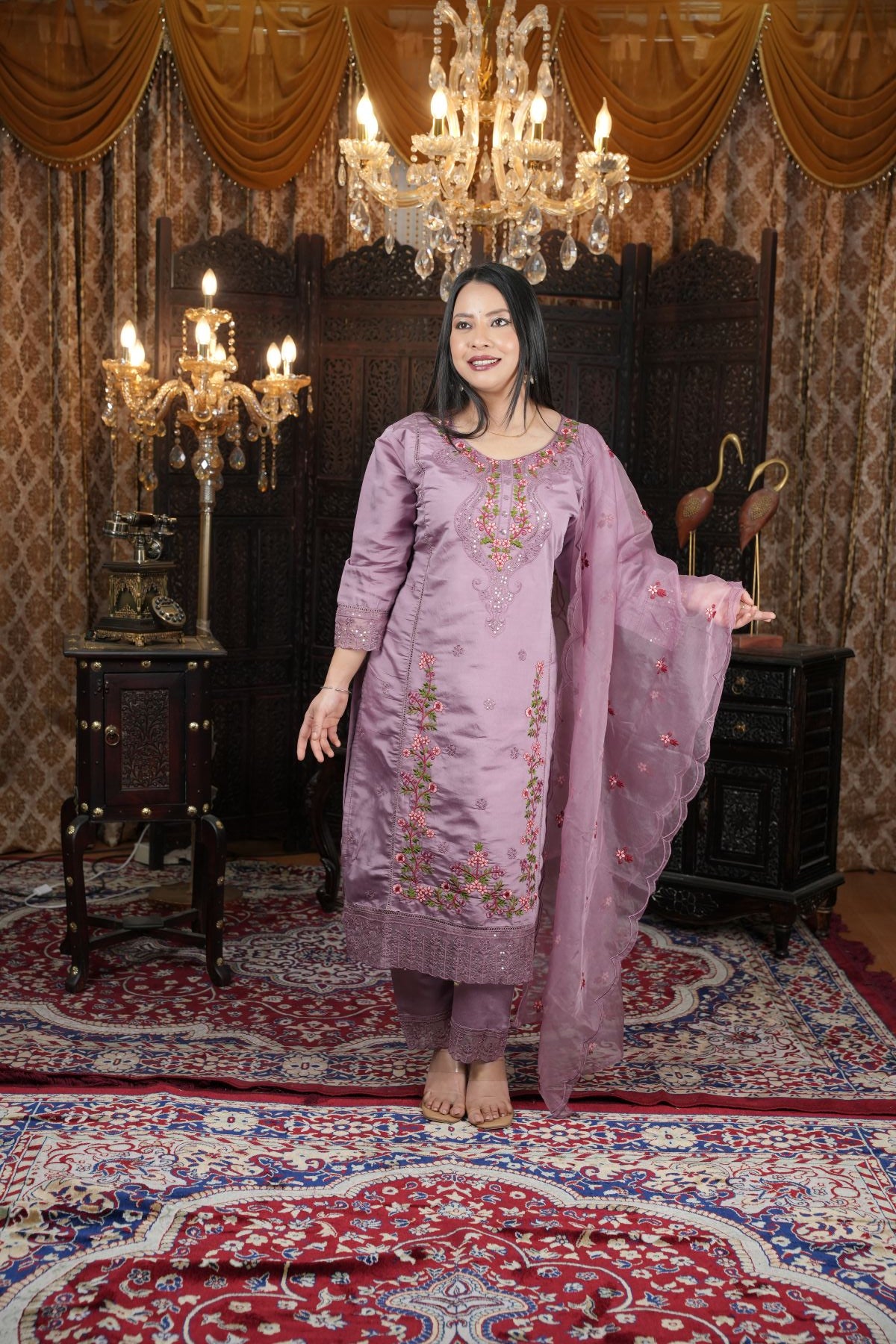 Elegent Lavender Floral Embroided Roam Silk Kurta set with Dupatta