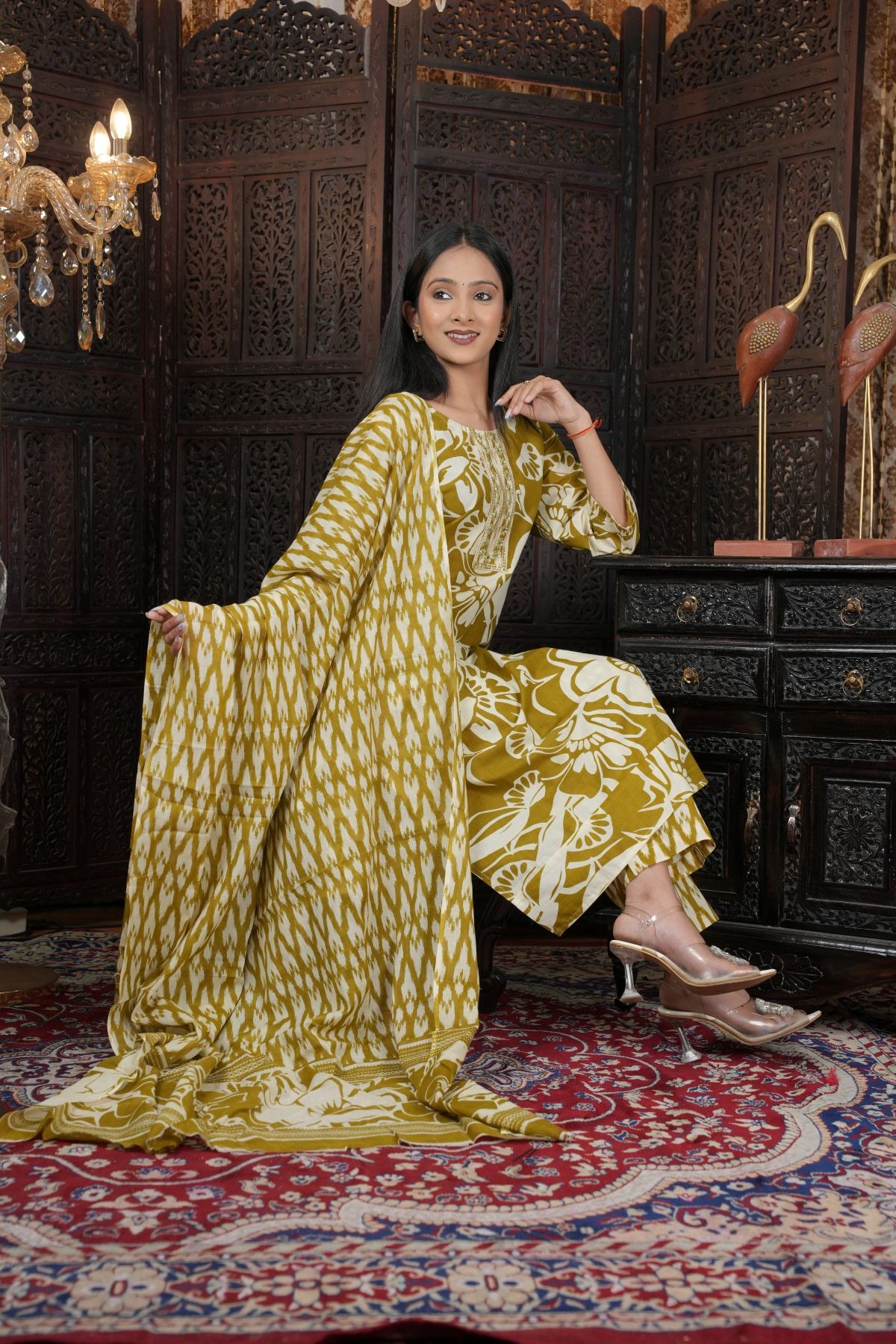 Tantikaa Emerald Bloom Cambric Cotton Kurta Set Eith Dupatta