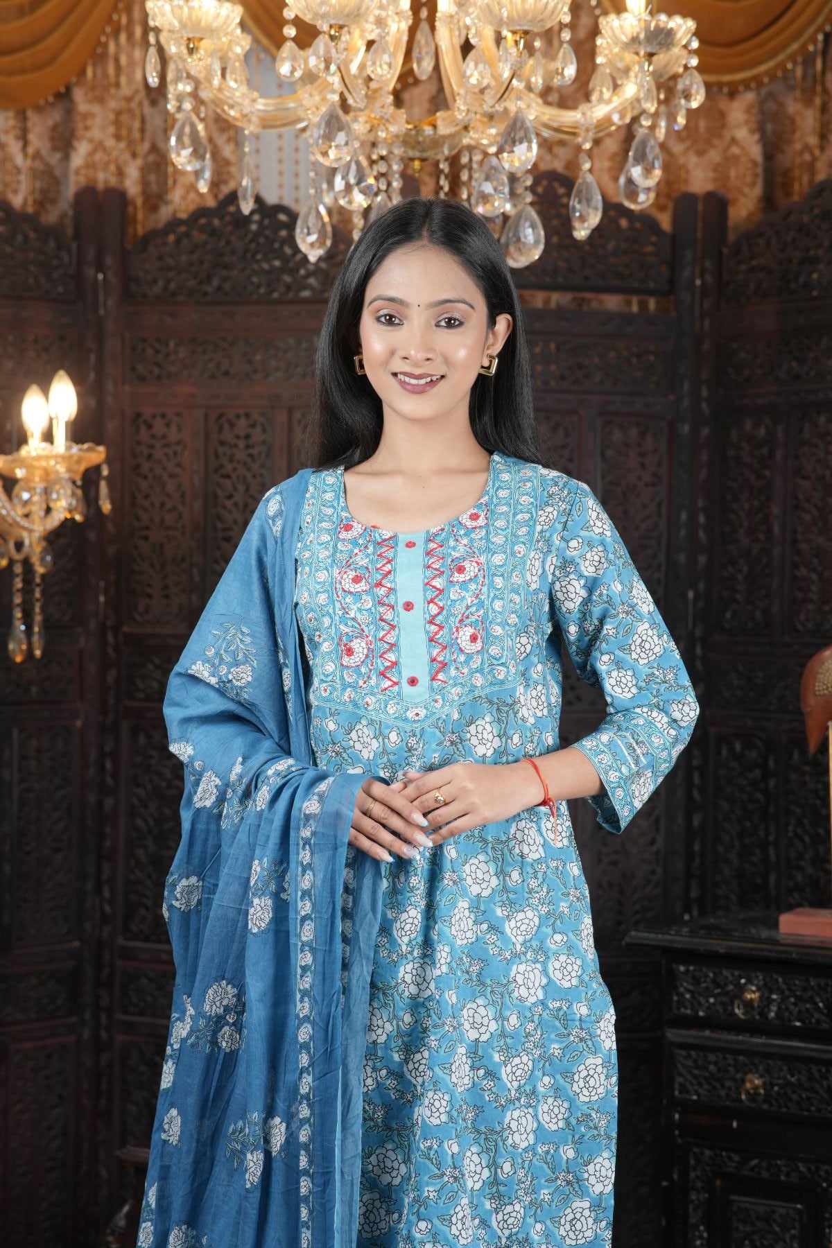Elegant bvlue floral printed kurta set with dupatta
