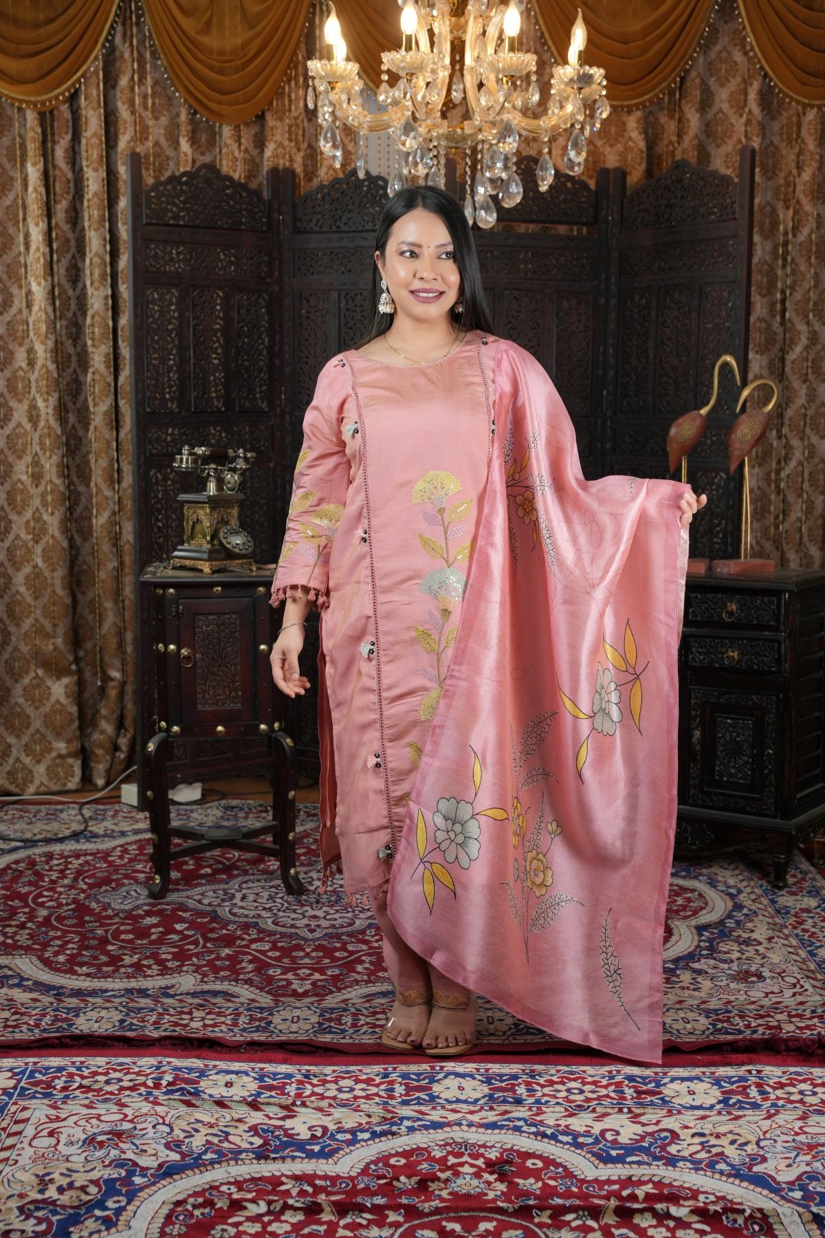 Blush Pink Shimmer Roman Silk Kurta Set