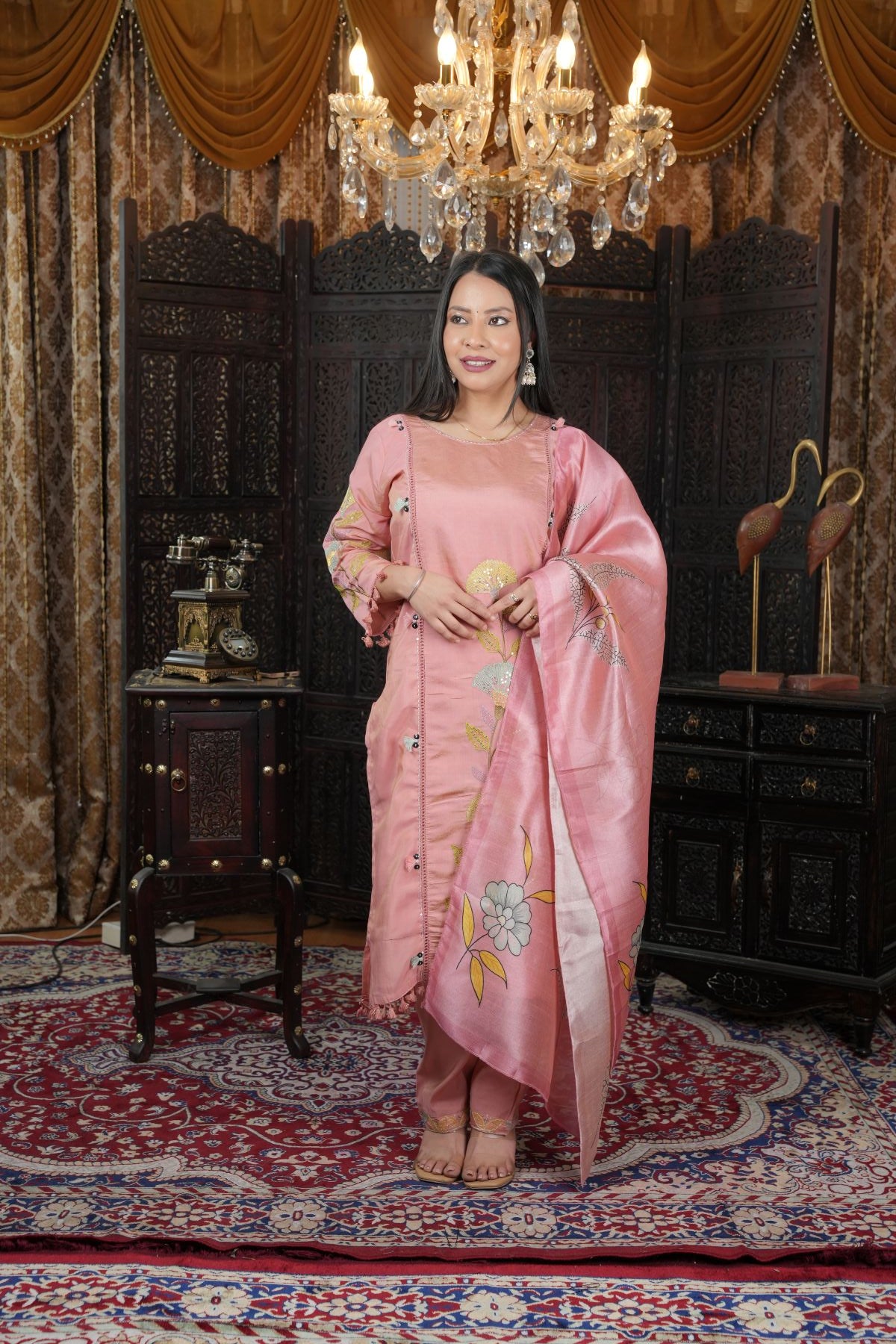 Blush Pink Shimmer Roman Silk Kurta Set