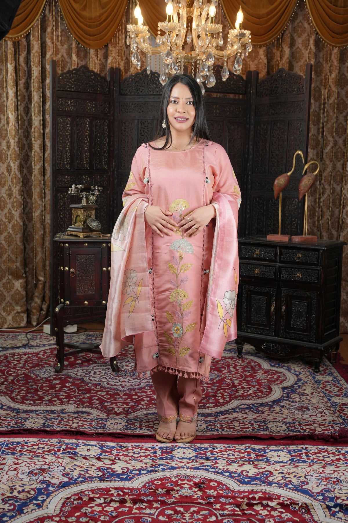 Blush Pink Shimmer Roman Silk Kurta Set