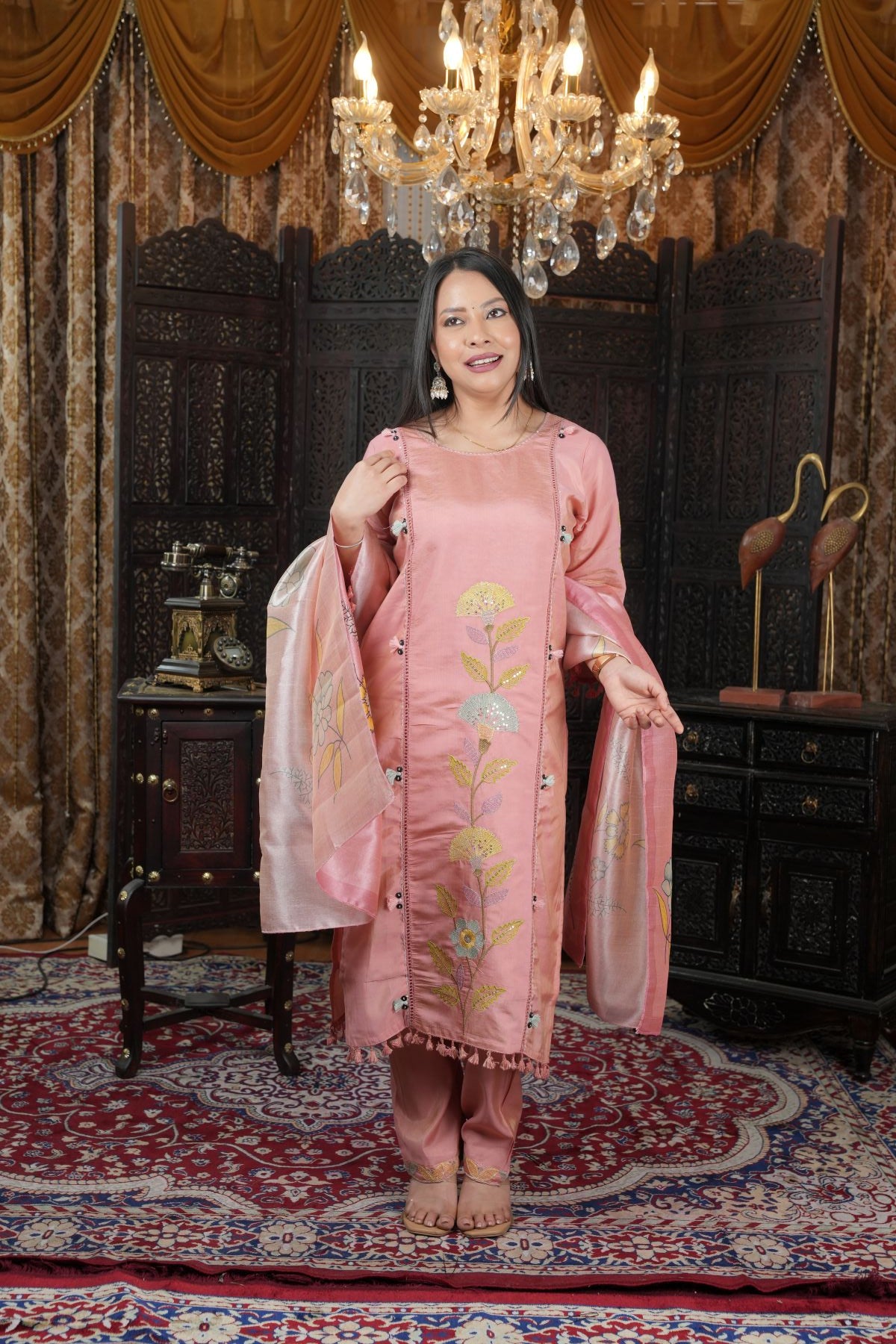 Blush Pink Shimmer Roman Silk Kurta Set