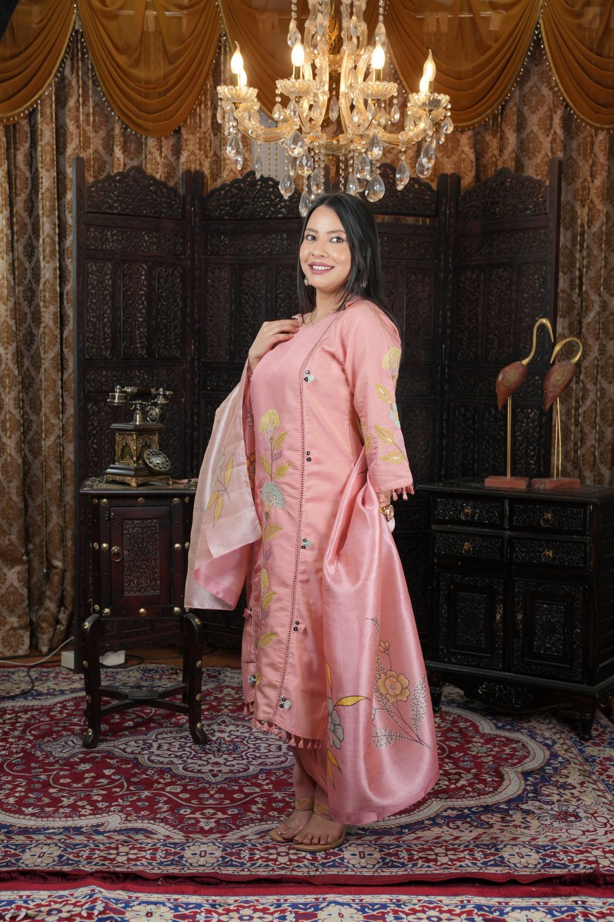 Blush Pink Shimmer Roman Silk Kurta Set