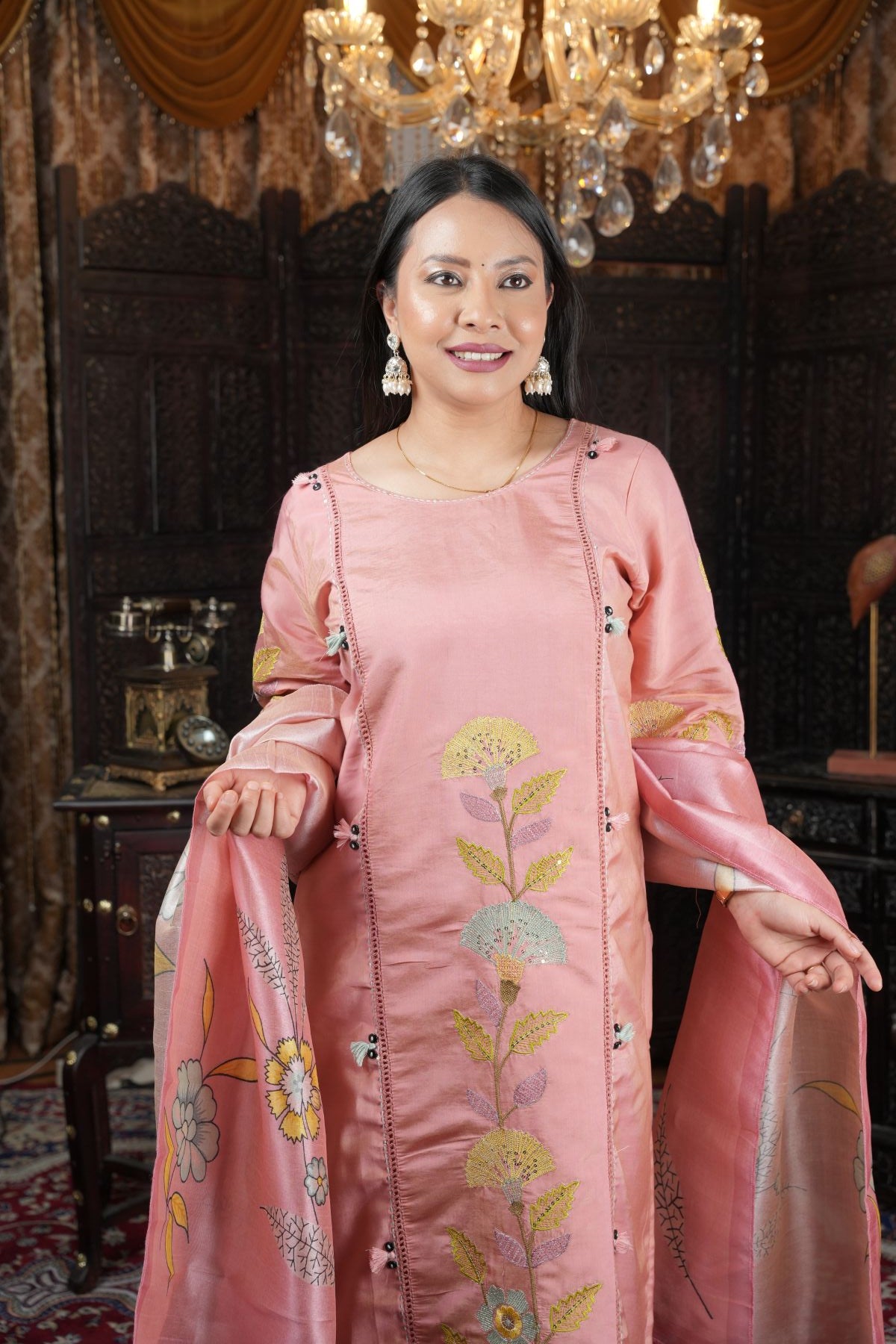 Blush Pink Shimmer Roman Silk Kurta Set