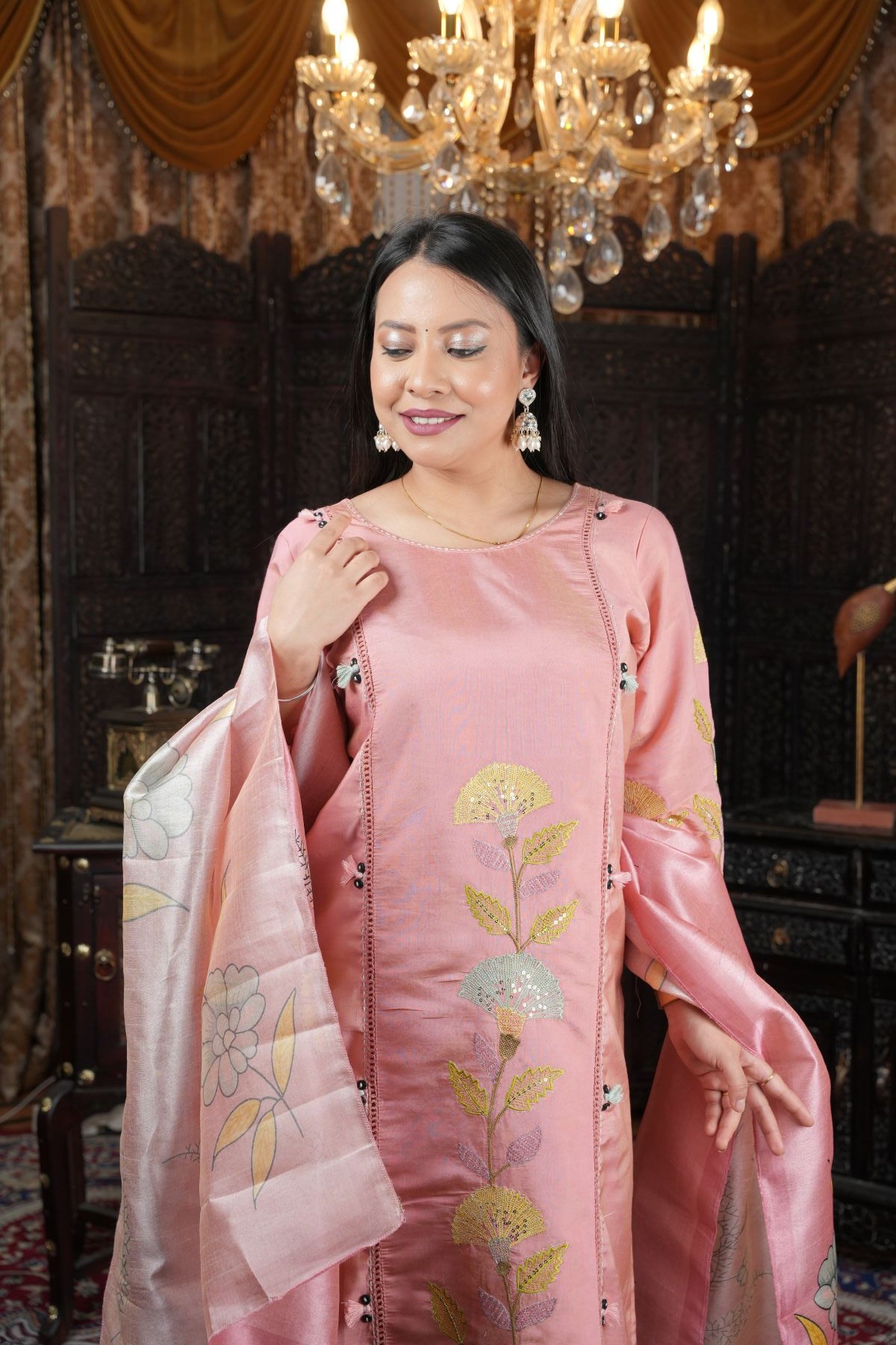 Blush Pink Shimmer Roman Silk Kurta Set