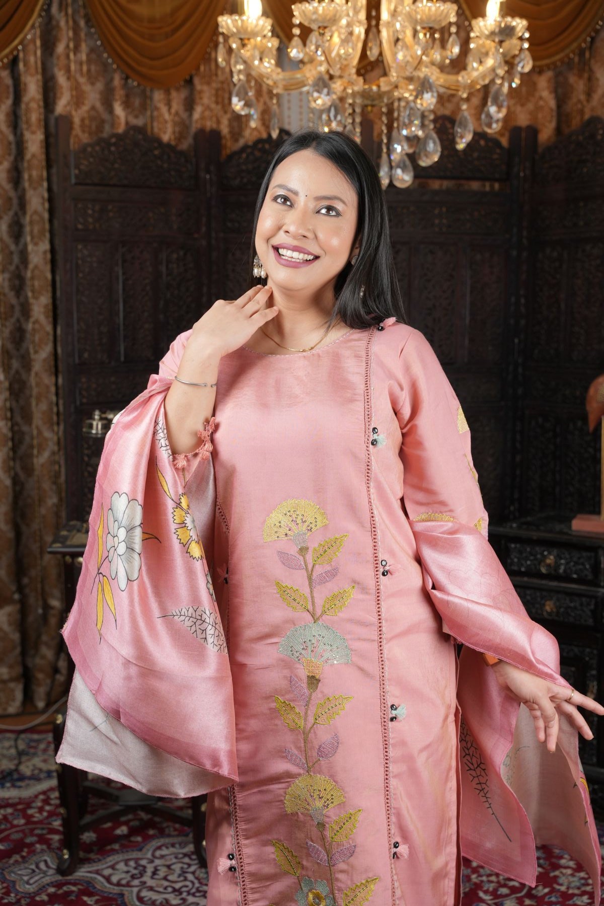 Blush Pink Shimmer Roman Silk Kurta Set