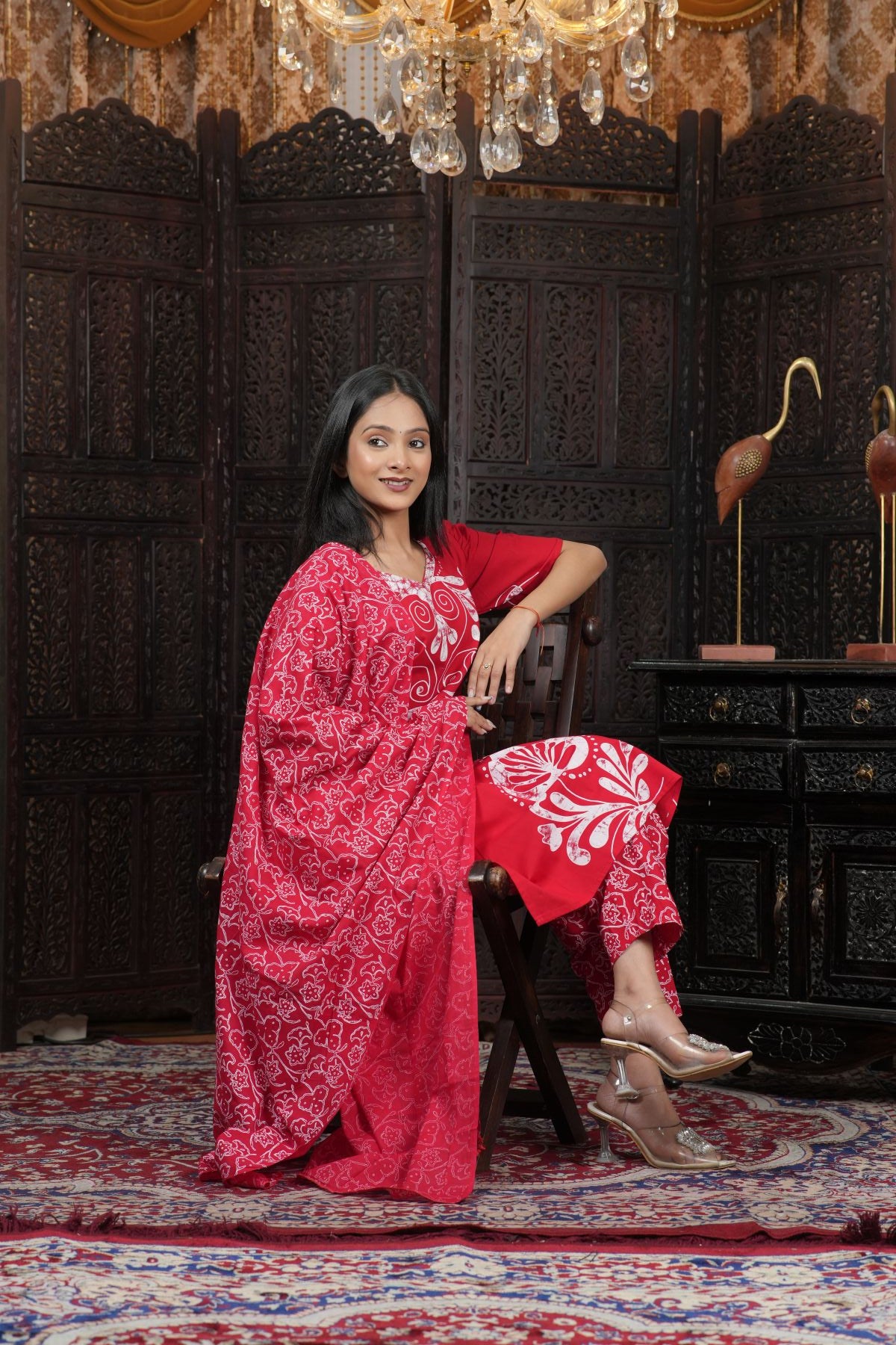 Ruby Red Printed Cotton kurta set with dupatta
