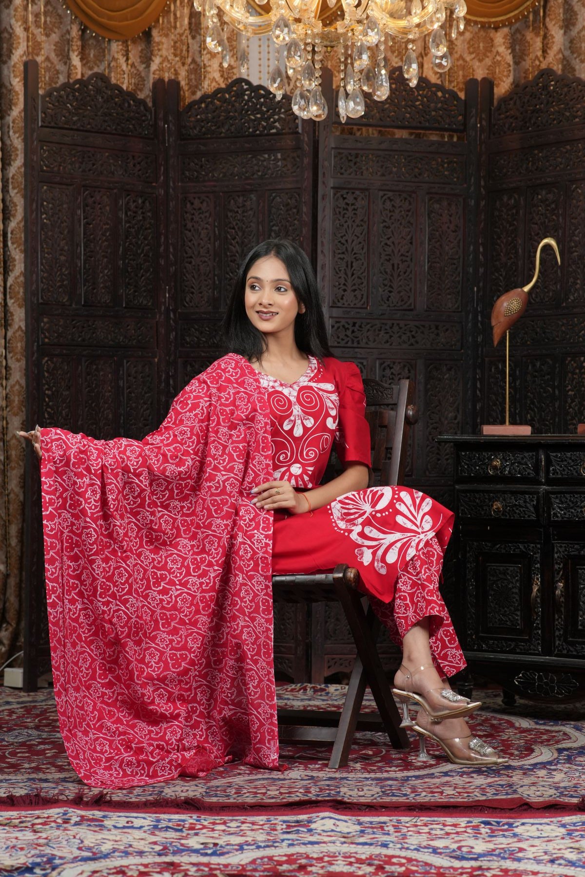 Ruby Red Printed Cotton kurta set with dupatta