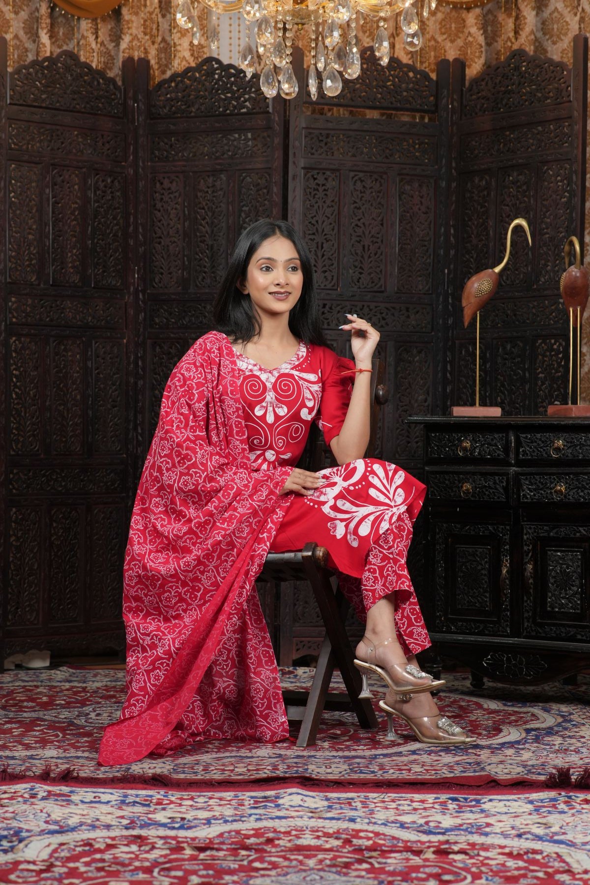 Ruby Red Printed Cotton kurta set with dupatta