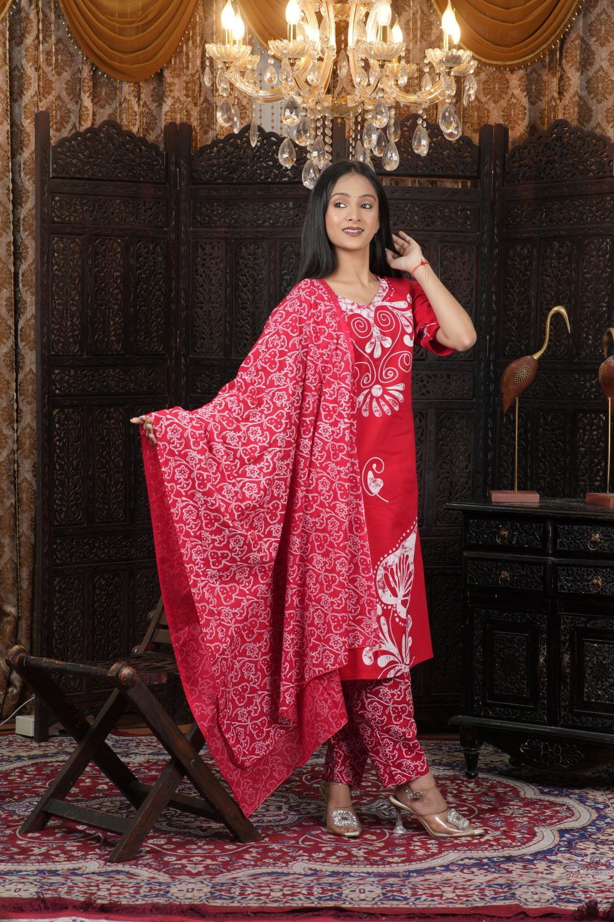 Ruby Red Printed Cotton kurta set with dupatta