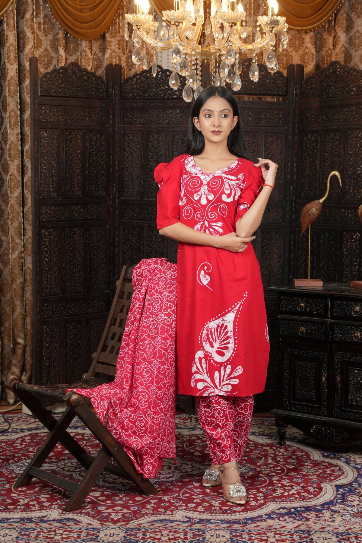 Ruby Red Printed Cotton kurta set with dupatta