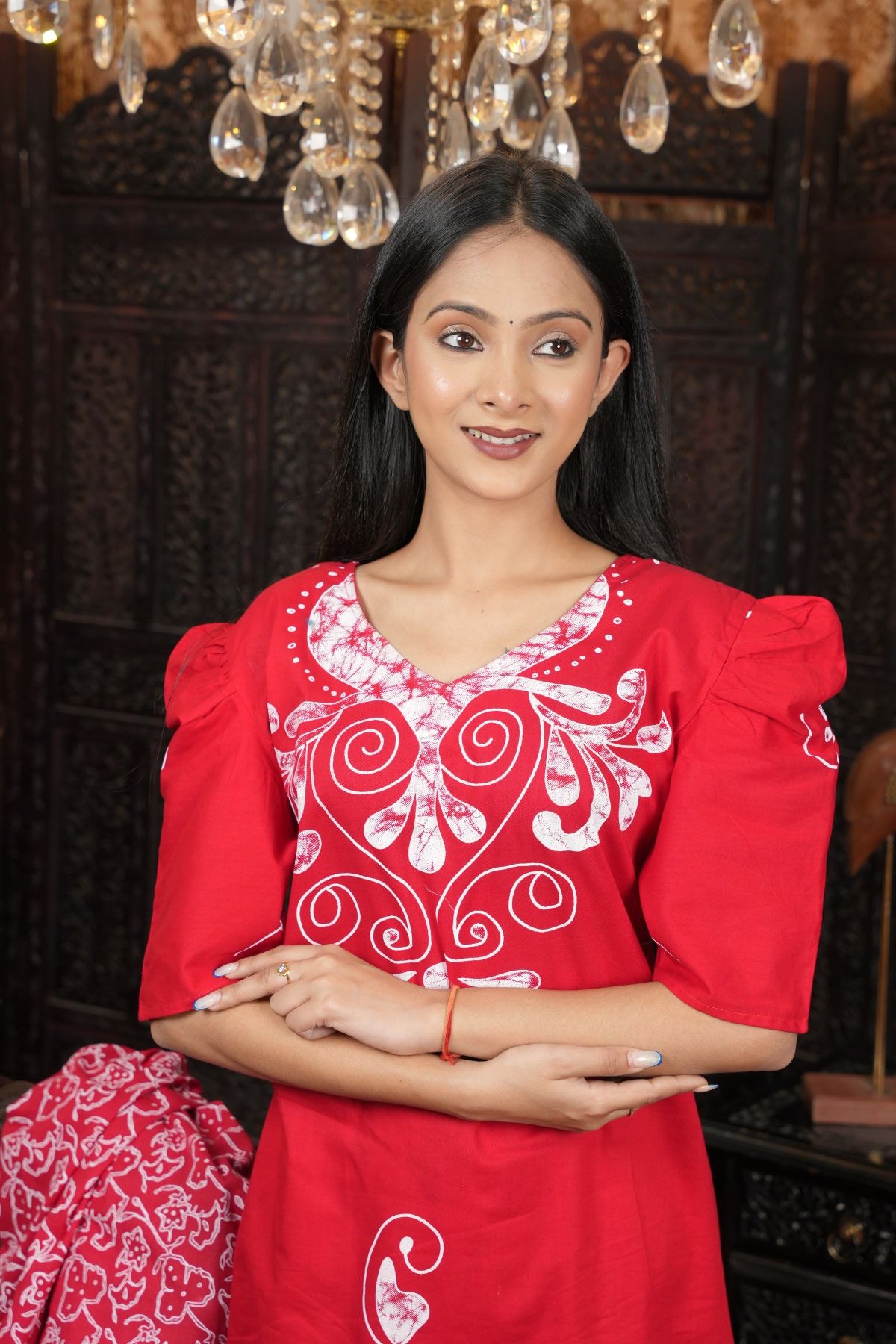 Ruby Red Printed Cotton kurta set with dupatta