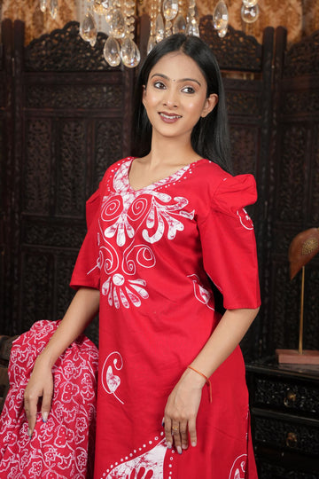 Ruby Red Printed Cotton kurta set with dupatta