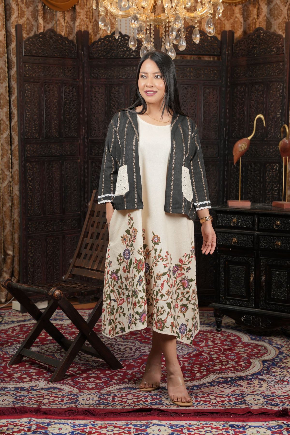 Ivory Bloom Khadi Hand Painted Kurta Set with Overlay Jacket