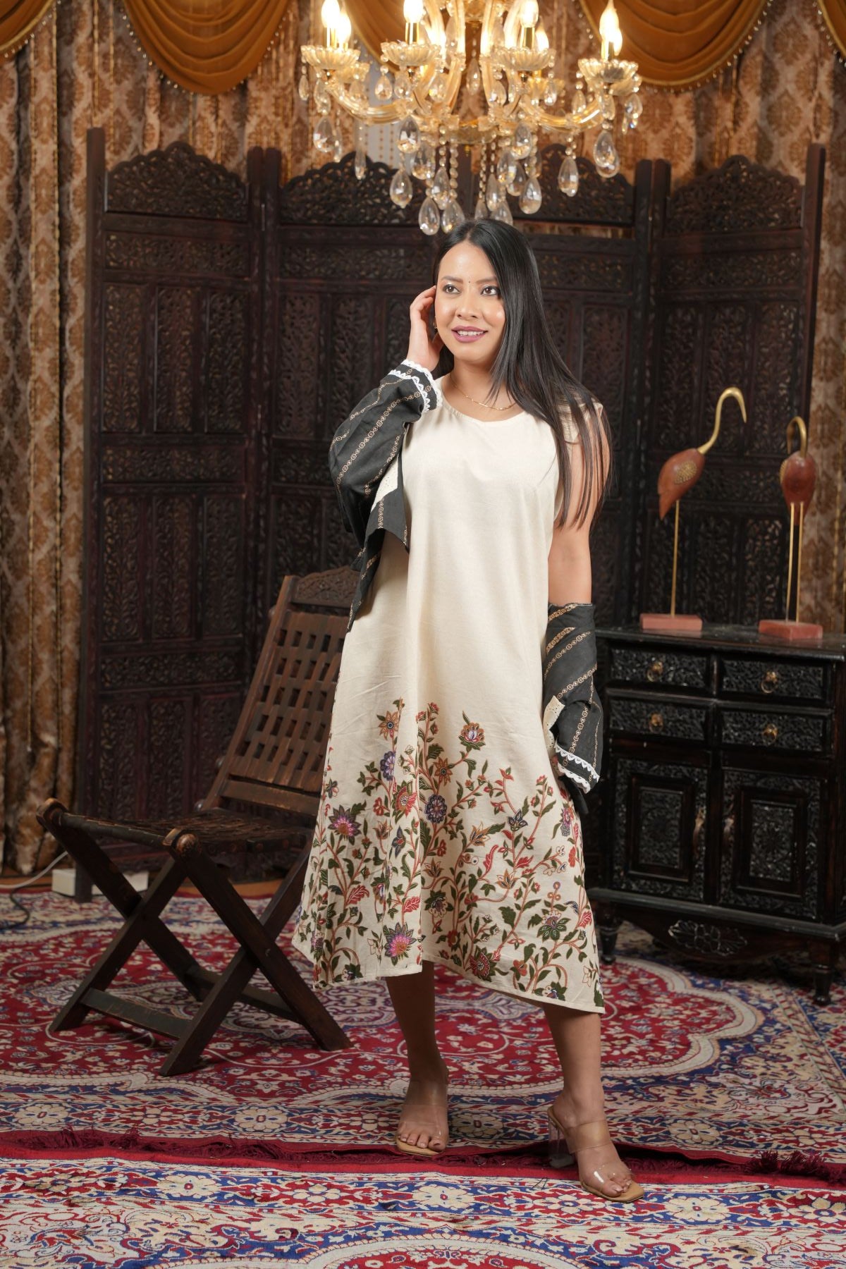 Ivory Bloom Khadi Hand Painted Kurta Set with Overlay Jacket