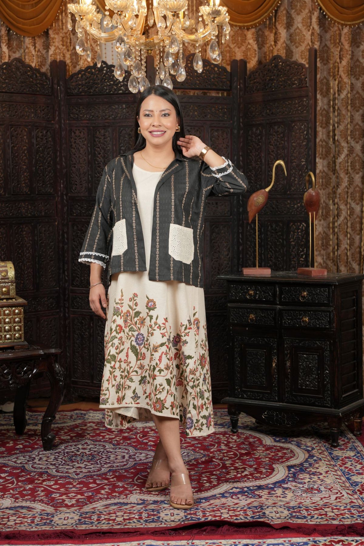 Ivory Bloom Khadi Hand Painted Kurta Set with Overlay Jacket