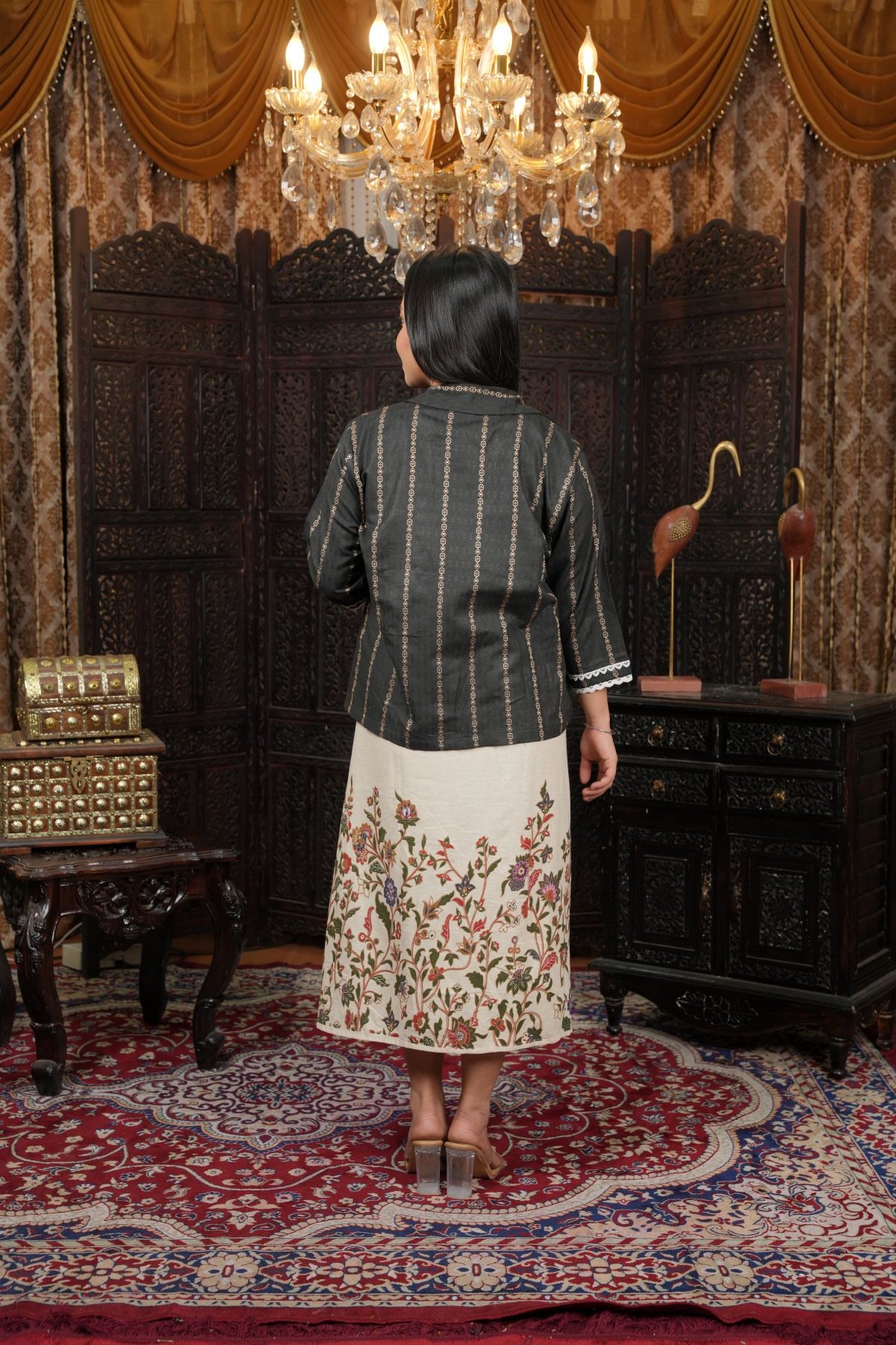 Ivory Bloom Khadi Hand Painted Kurta Set with Overlay Jacket