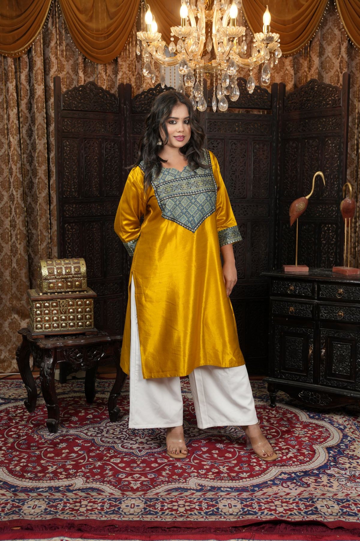 Musturd Silk Kurti with Ajrakh Yoke Design