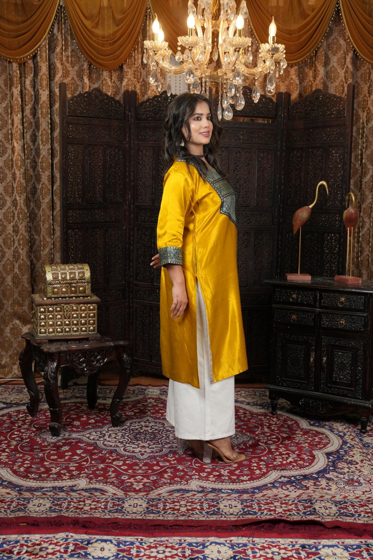 Musturd Silk Kurti with Ajrakh Yoke Design