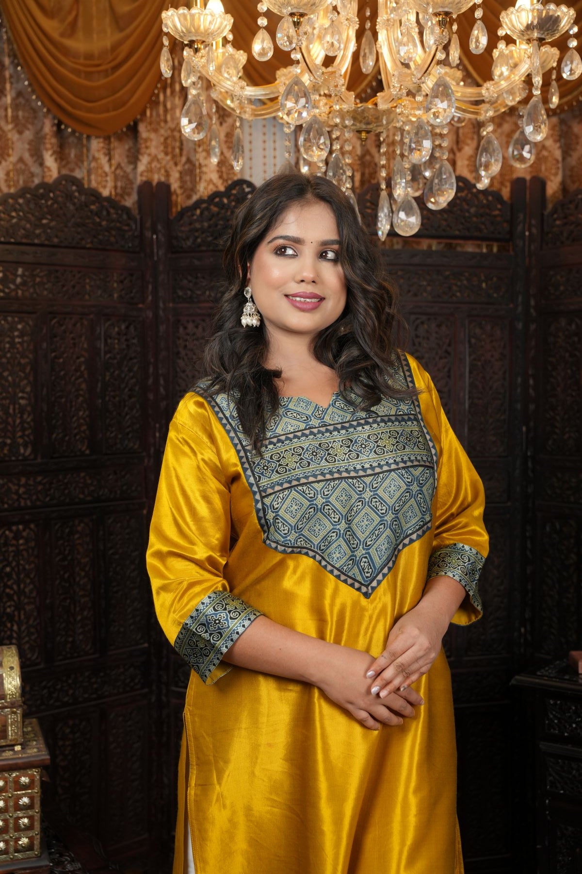 Musturd Silk Kurti with Ajrakh Yoke Design