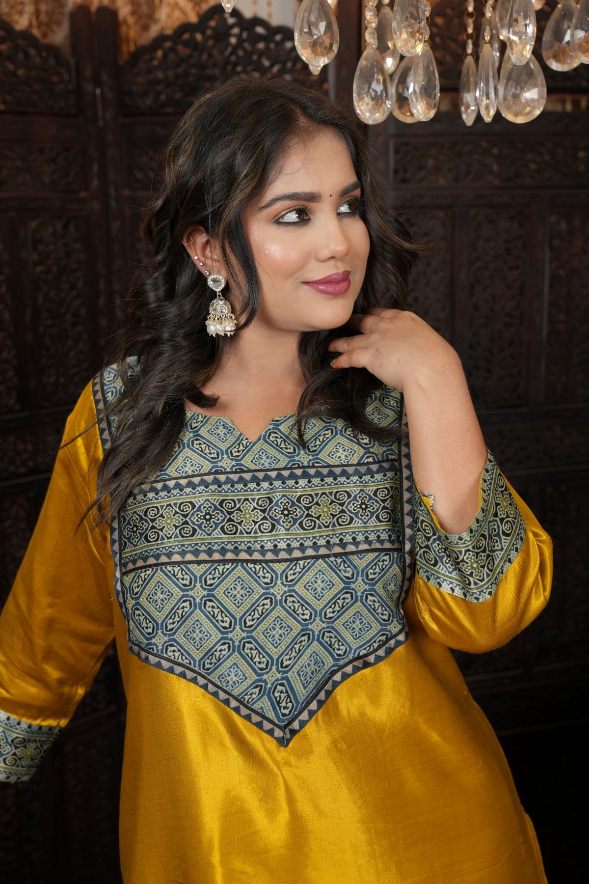 Musturd Silk Kurti with Ajrakh Yoke Design