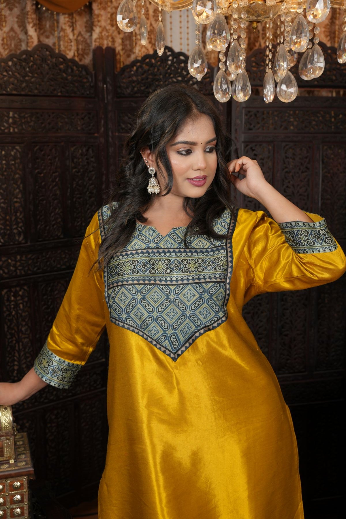 Musturd Silk Kurti with Ajrakh Yoke Design
