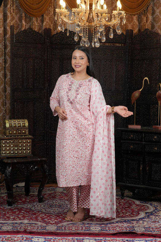 Blush Bloom Cotton Kurta Set with Dupatta