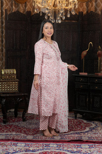 Blush Bloom Cotton Kurta Set with Dupatta