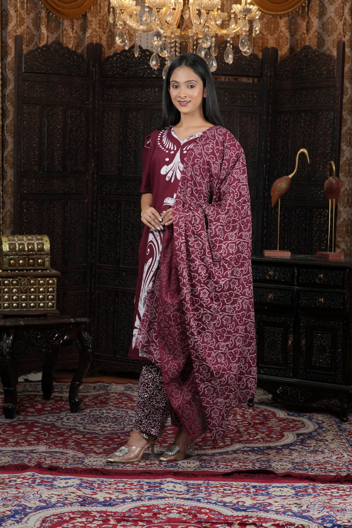 Maroon Ethnic Batik Print Kurta Set with Dupatta