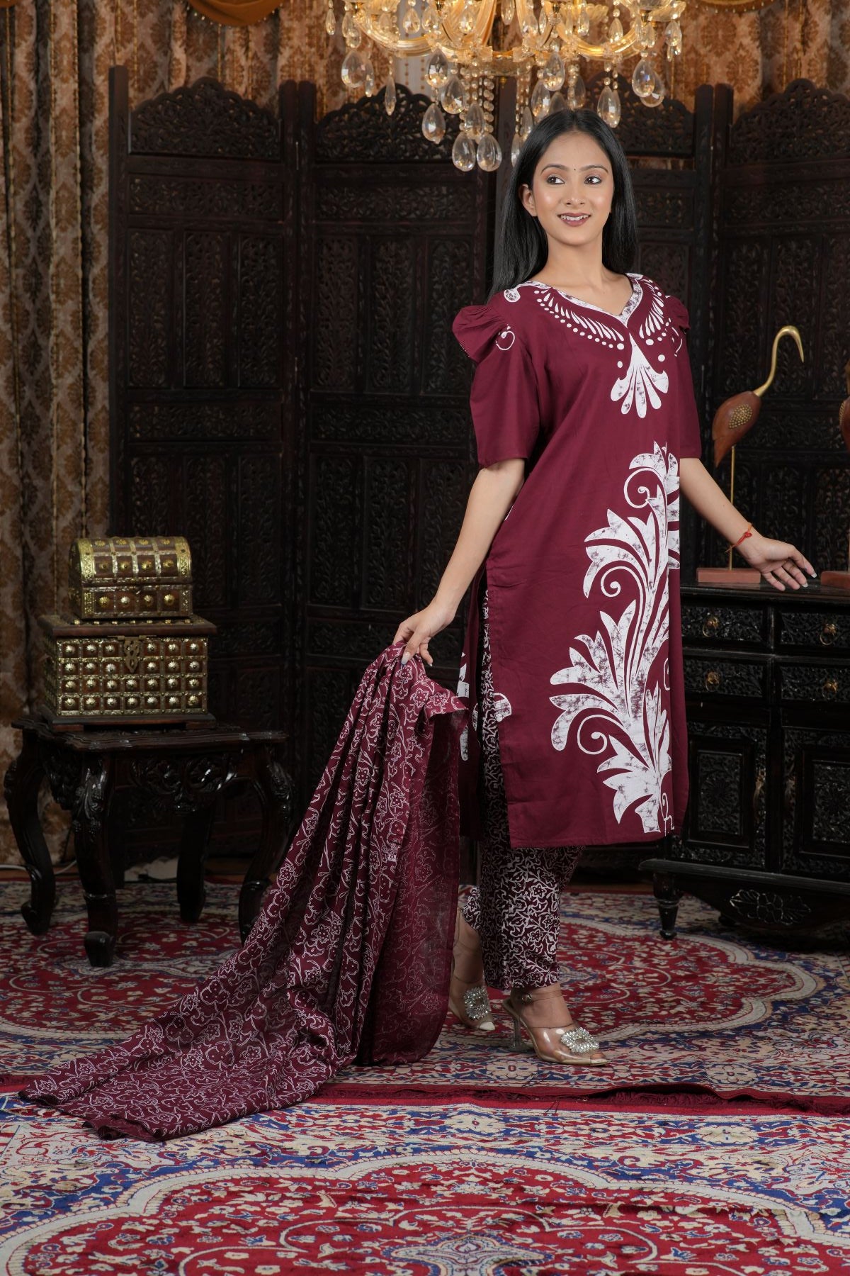 Maroon Ethnic Batik Print Kurta Set with Dupatta