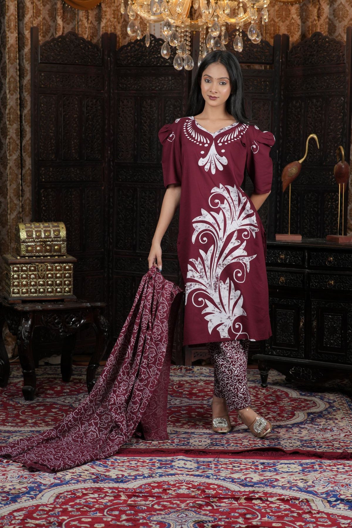 Maroon Ethnic Batik Print Kurta Set with Dupatta