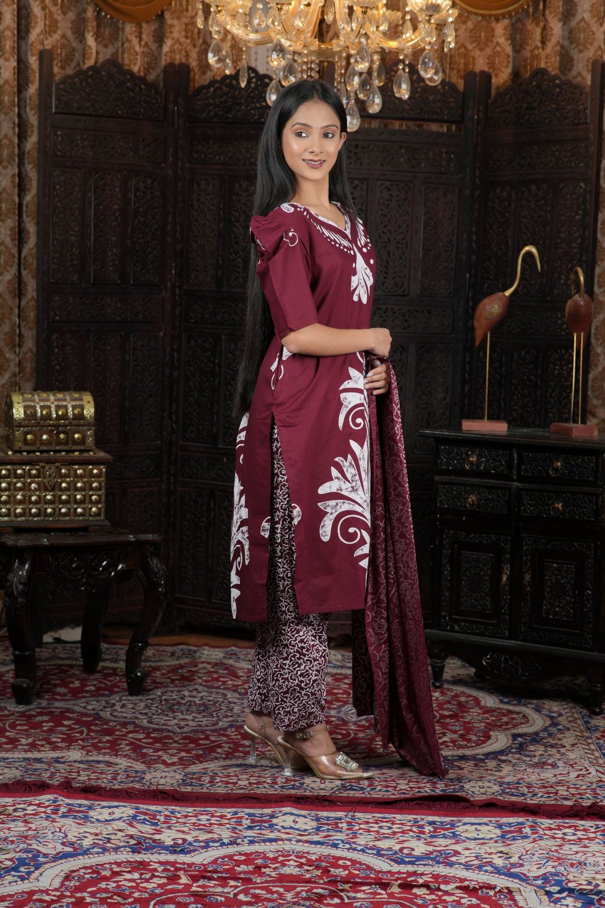 Maroon Ethnic Batik Print Kurta Set with Dupatta