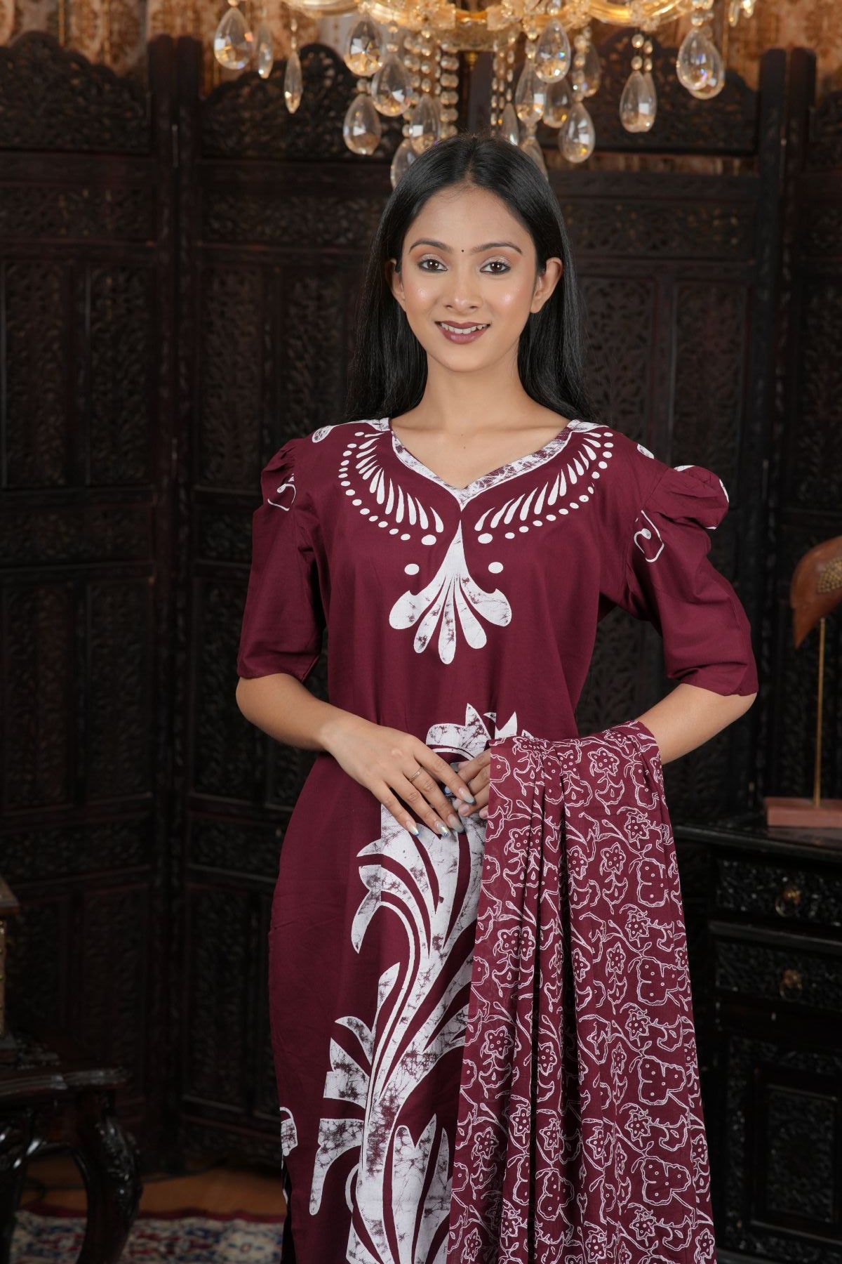 Maroon Ethnic Batik Print Kurta Set with Dupatta