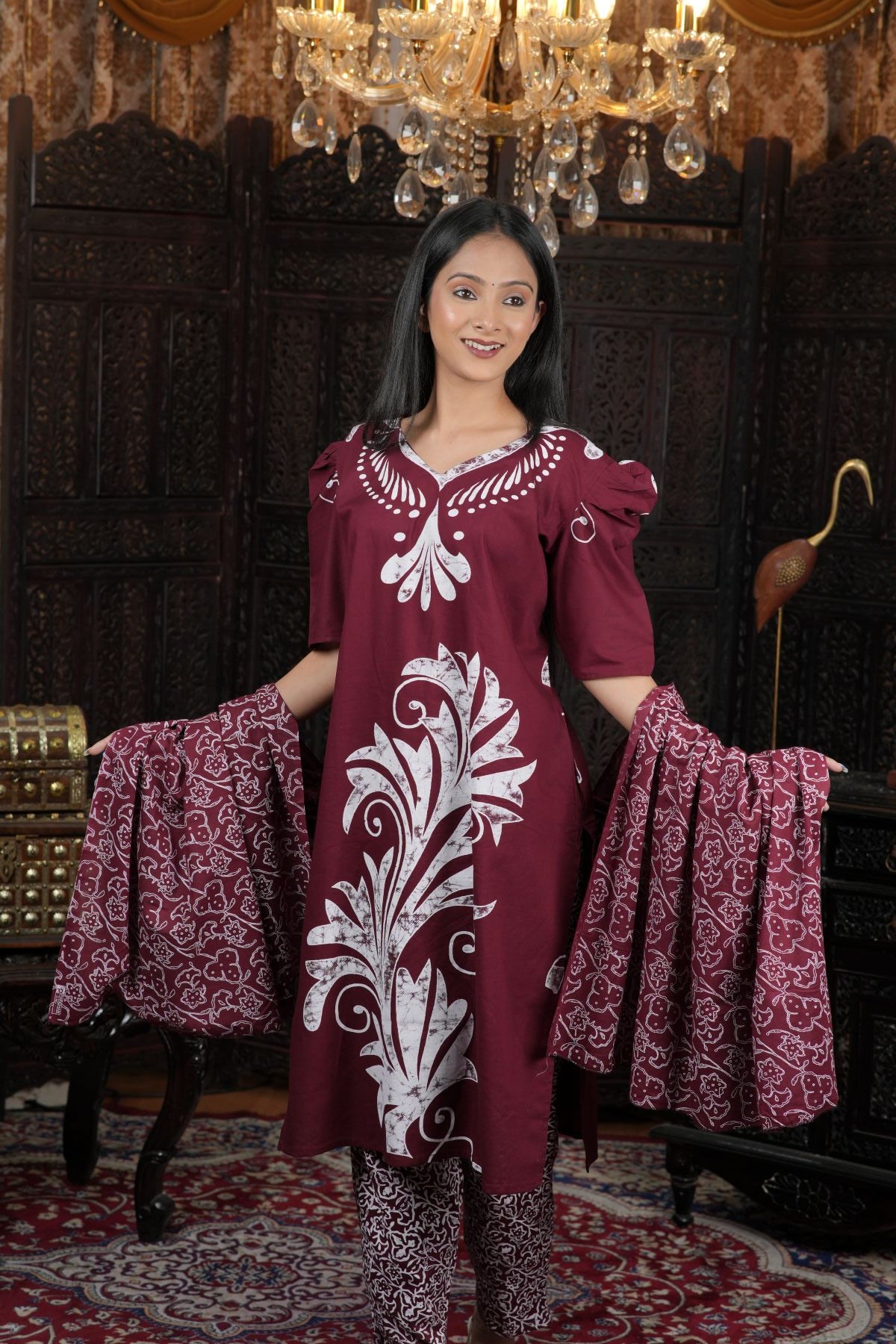 Maroon Ethnic Batik Print Kurta Set with Dupatta